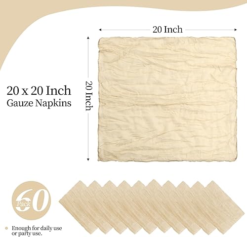 Miniatura 2 de Paquete de 60 servilletas de gasa de 20 x 20 pulgadas, servilletas de cena arrugadas rústicas bohemias, servilletas de tela suave y lisa,