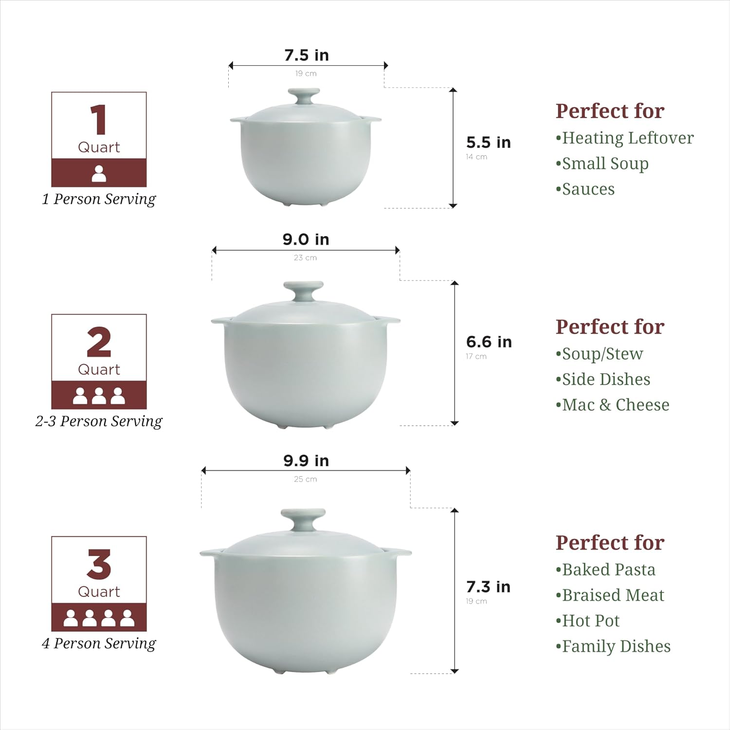 MINH LONG 2-Qt Porcelain Dutch Oven with Lid – Lead & Cadmium Free, Oven Safe to 482°F, Heat Retention, Clay Pot for Cooking on Gas & Infrared Cooktop, Use to Marinate, Cook, Bake, Refrigerate & Serve