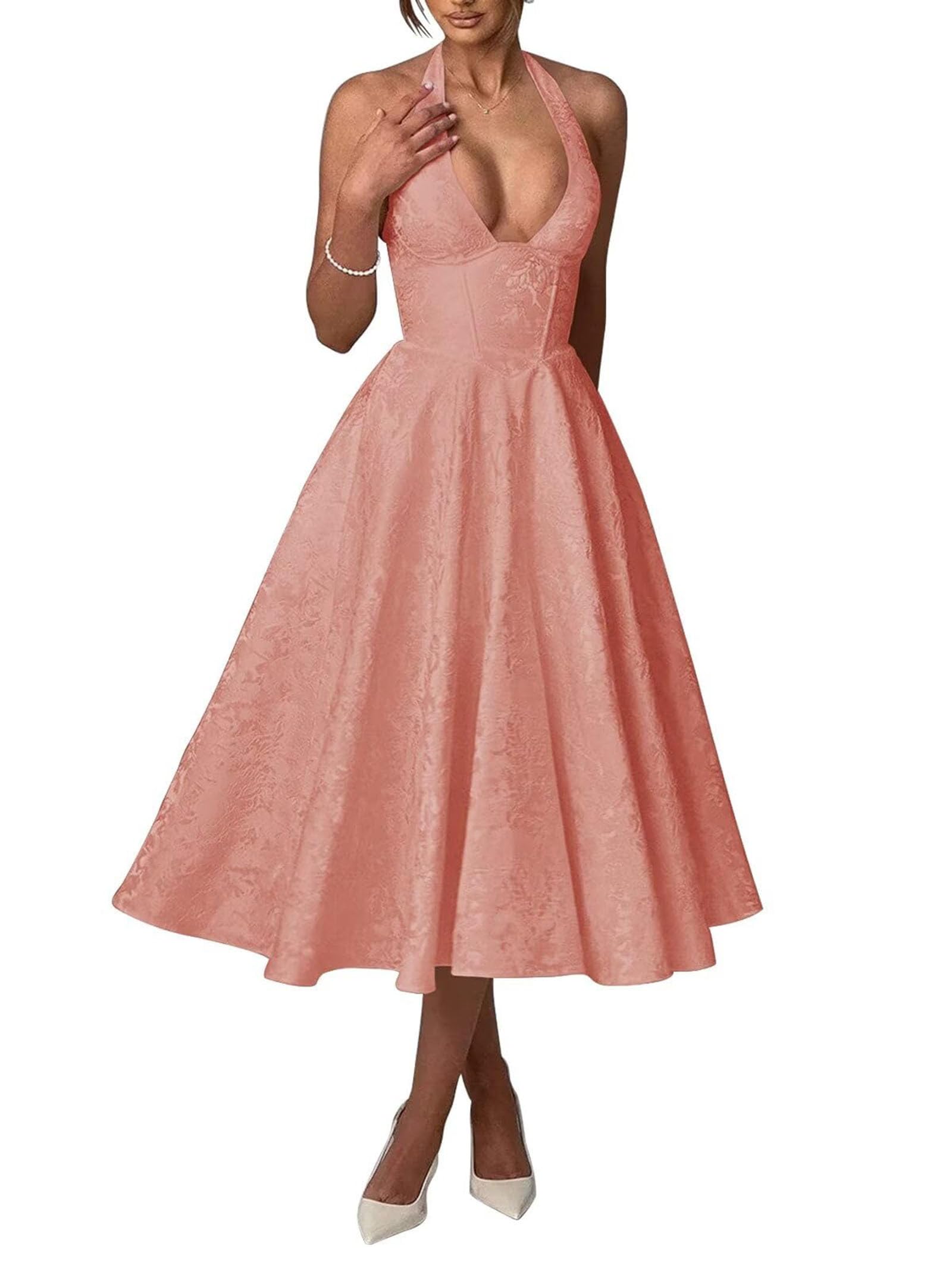 Halter Prom Dresses 2025 Jacquart Satin A-Line Tea Length Formal Party Gowns Evening