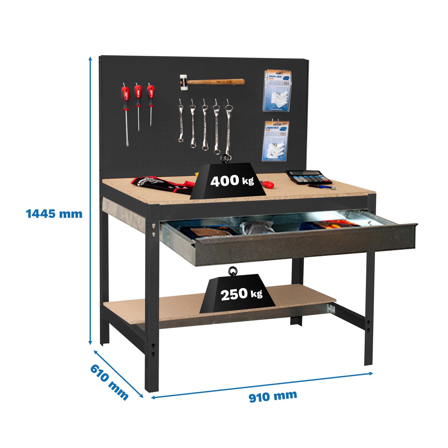Simon Rack Banco de Trabajo con Panel Perforado y cajón 910x610 mm - BT2 | Panel Perforado y Cajón, Tablero madera 16 mm, Capacidad Carga 400 kg, Antracita , Pintura anticorrosión