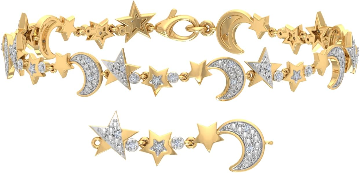 0.15 Carat Natural Diamond Stars and Moon Bracelet for Women in 925 Sterling Silver or in 18K Yellow Gold over Sterling Silver