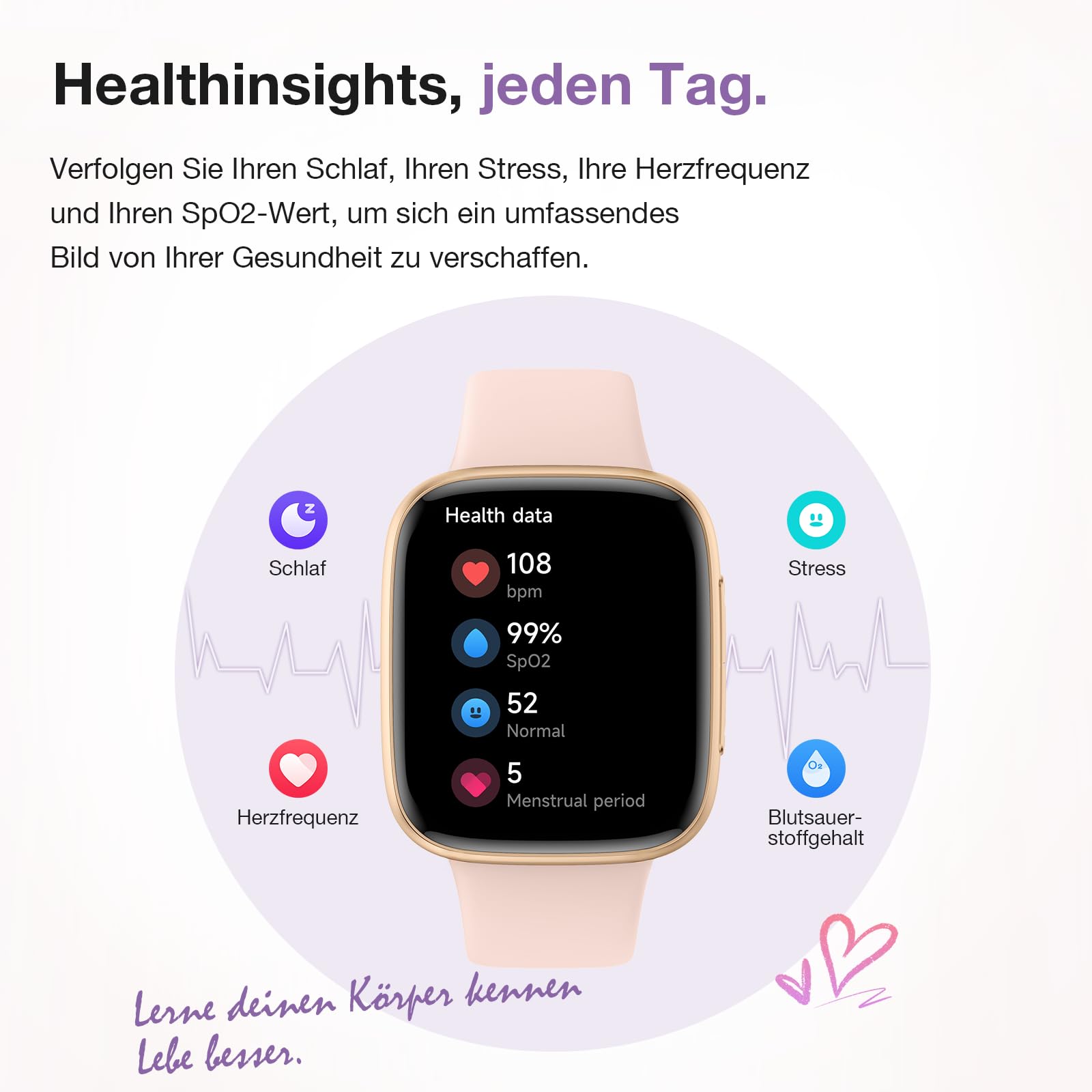 Smartwatch Damen Herren, 1,85″ AMOLED Touchscreen, Fitness Tracker mit Bluetooth Anrufen & KI, Herzfrequenz, SpO2, Schlaf- & Frauenzyklus-Tracking, 100+ Sportmodi, 3ATM Wasserdicht für iOS & Android