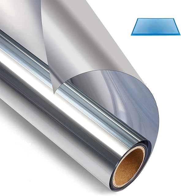 KissDate 44 x 400cm Silver Reflective Self Adhesive Window Film, One Way Mirror Effect Day Time, Privacy Heat Control Anti UV Window Tint for Home Bathroom Office (Included One Film Scraper)