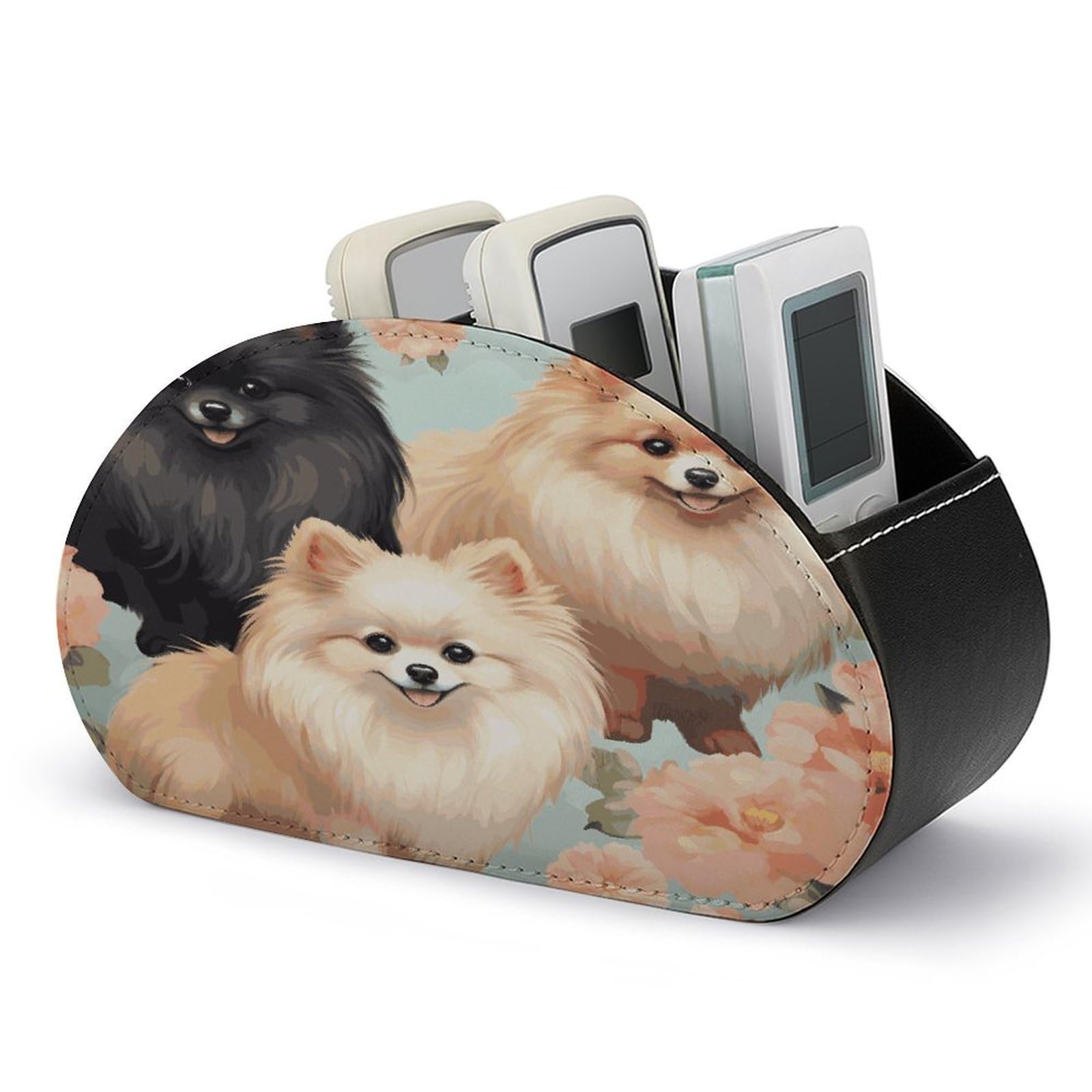 LDGSUPH Pomeranians Pattern Remote Control Holder with 5 Compartments PU Leather TV Remote Caddy Storage Box Multi-functional Desk Storage Organizer Box Anti-slip Desktop Caddy