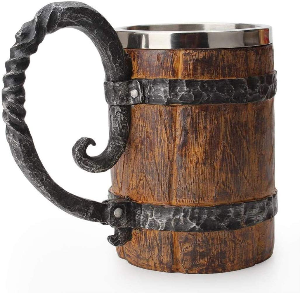 SetwersViking Wooden Barrel Beer Mug, Bucket Shaped Stainless Steel Coffee Cup with Handle, Great Ideas Gift Wooden Beer Tankard for Men, Vintage Bar Restaurant Accessories