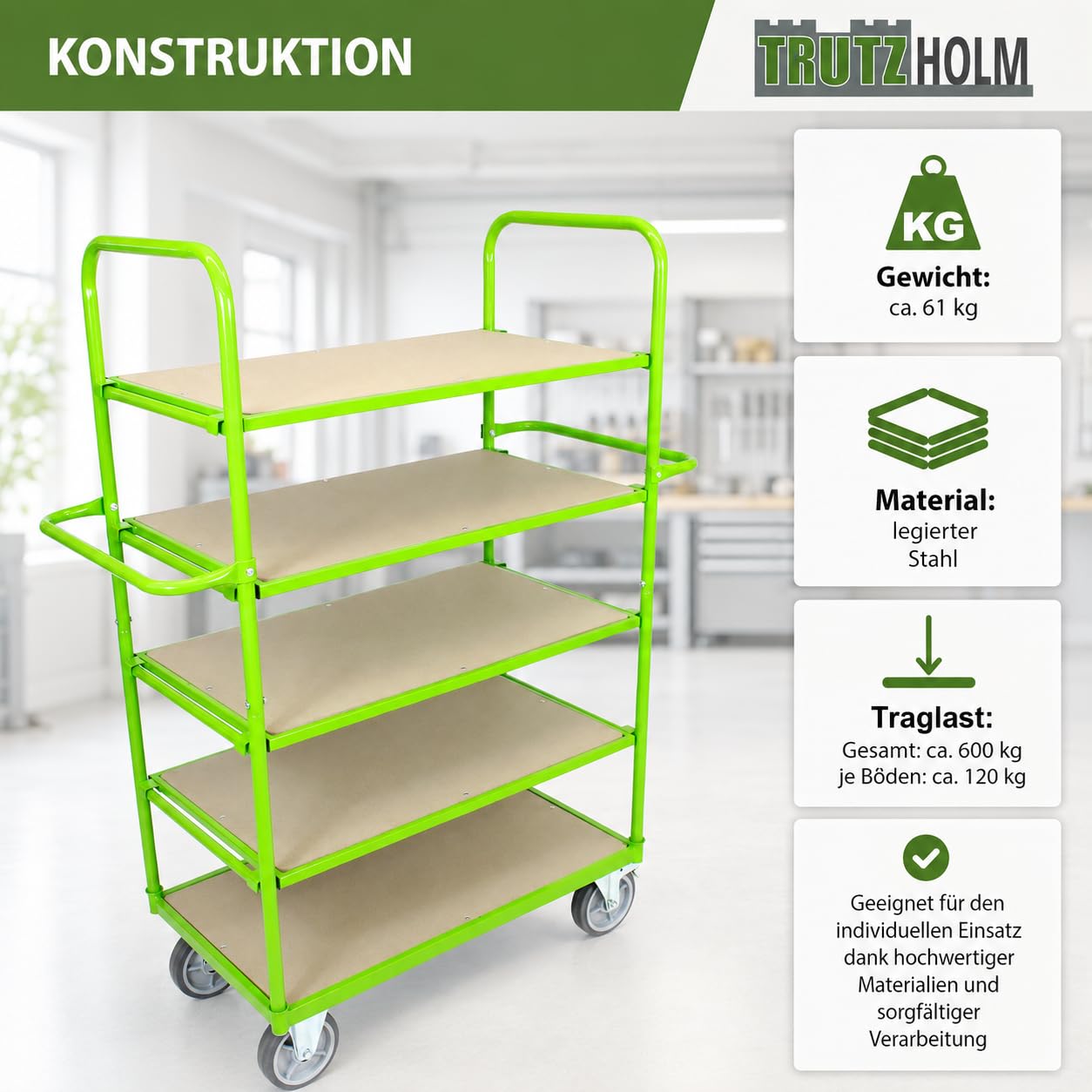 TRUTZHOLM Etagenwagen 600 kg Transportwagen mit 5 höhenverstellbaren Böden, grüner Stahl Rollwagen für Lager Werkstatt Garage