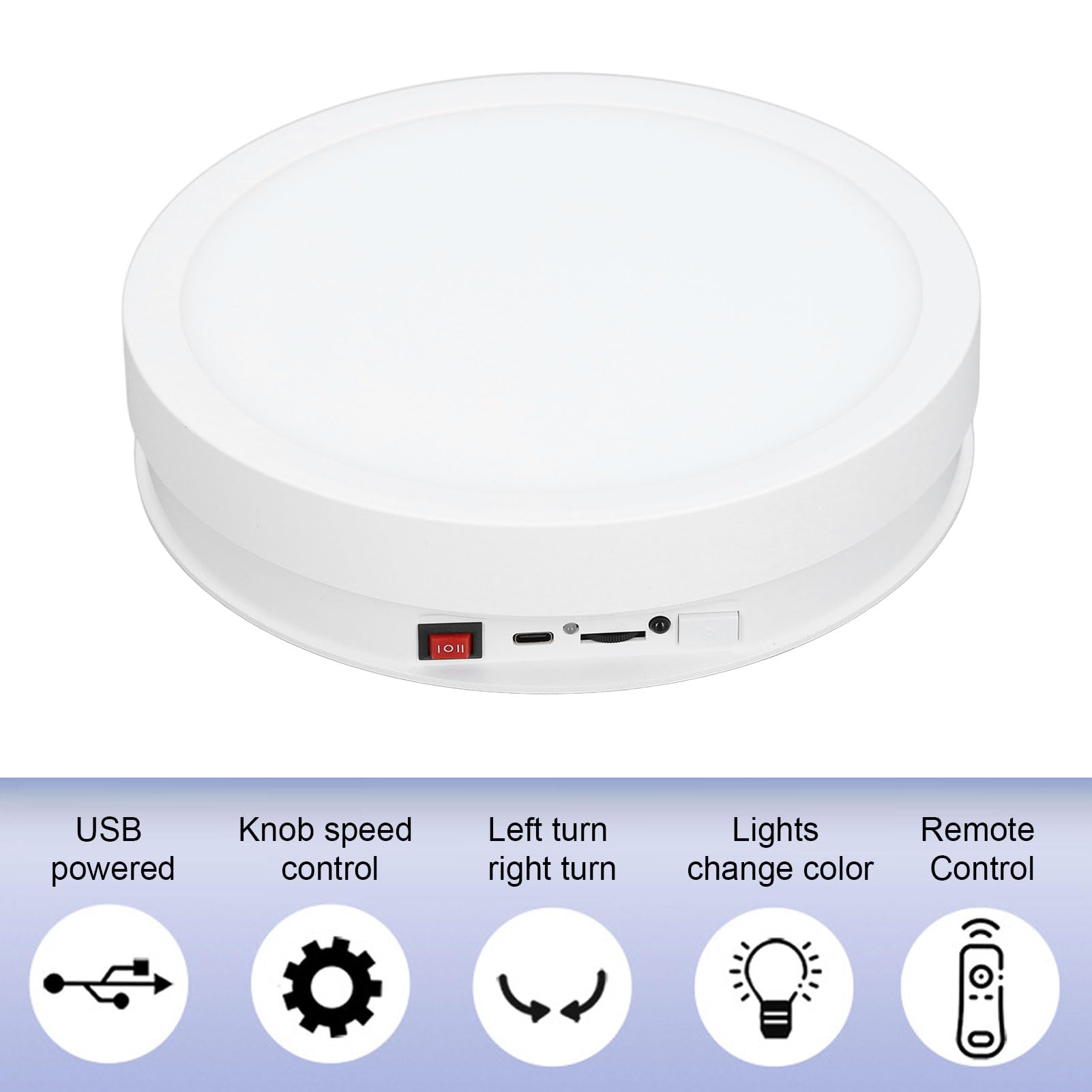 Soporte de Exhibición Giratorio de 360 ​​Grados, Plato Giratorio Automático para Fotografía, Velocidad Y Dirección Ajustable, Plato Giratorio Eléctrico de 22 Cm con Alimentación USB(Blanco)
