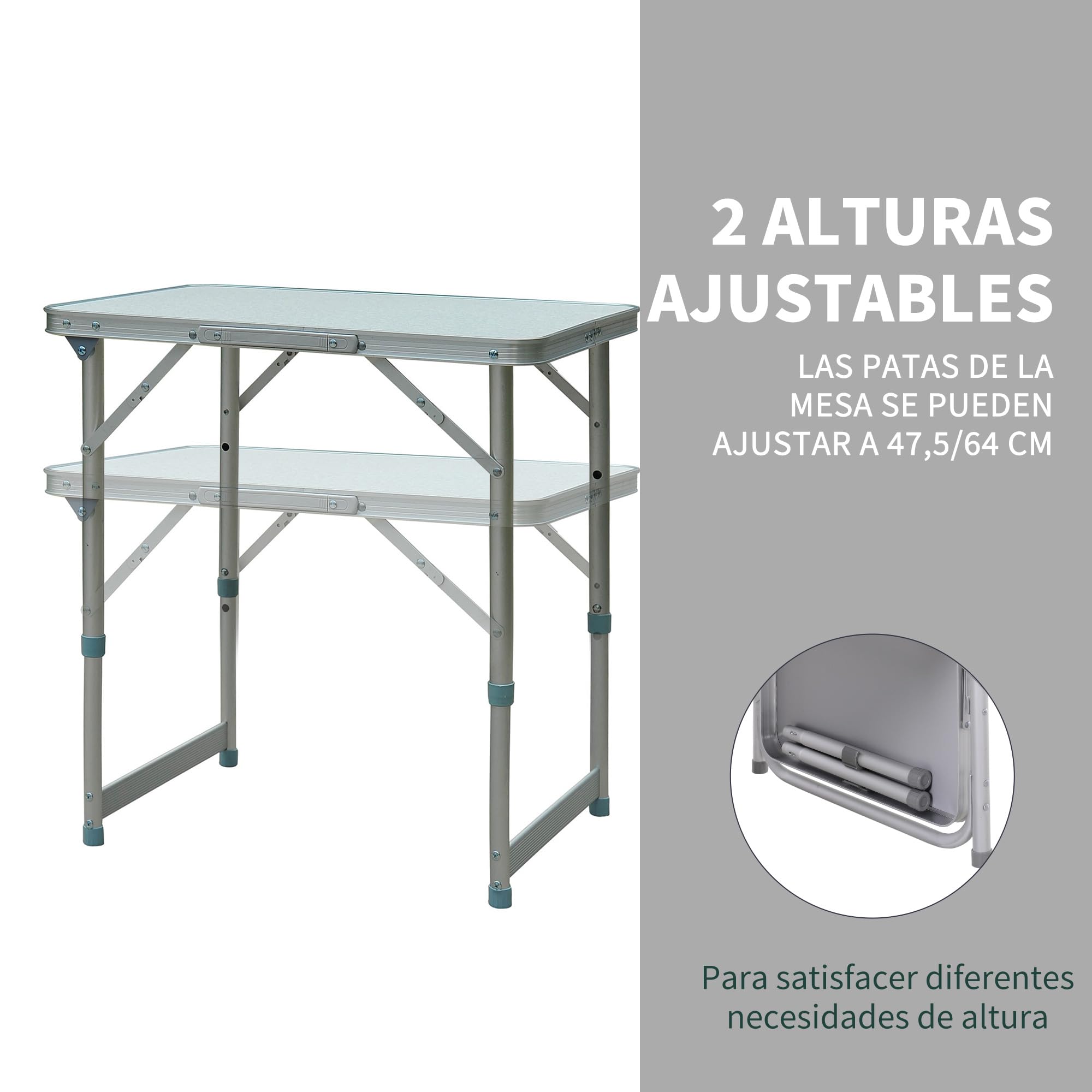 Outsunny Mesa de Camping Plegable Mesa Plegable Portátil Multifuncional con Altura Ajustable en 2 Niveles Marco de Aluminio para Jardín Balcón Patio Exterior 60x45x64 cm Blanco