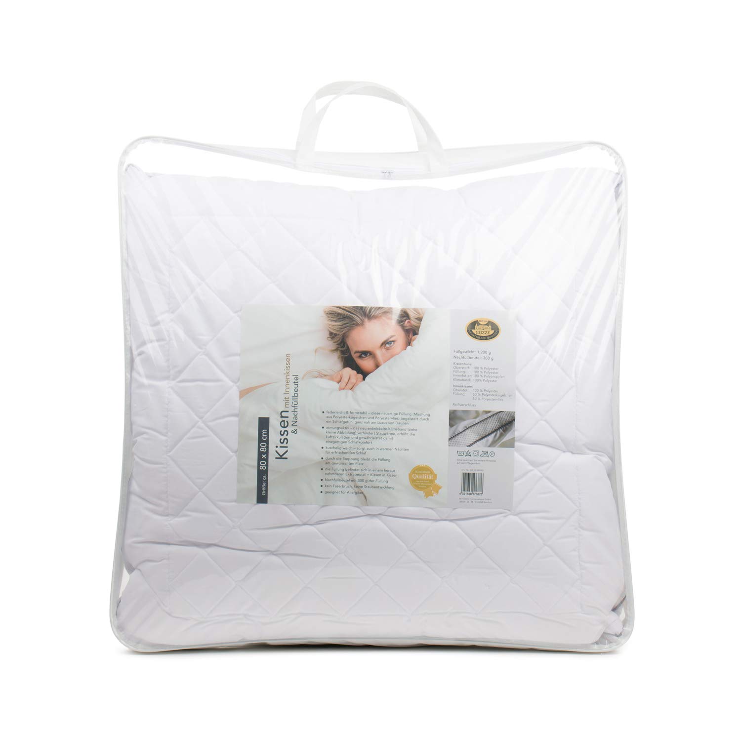 Gözze - Cuscino con Imbottitura di 300 g e Fascia di Aerazione, Include Custodia per il Trasporto, 100% Poliestere, 80 x 80 cm - Bianco