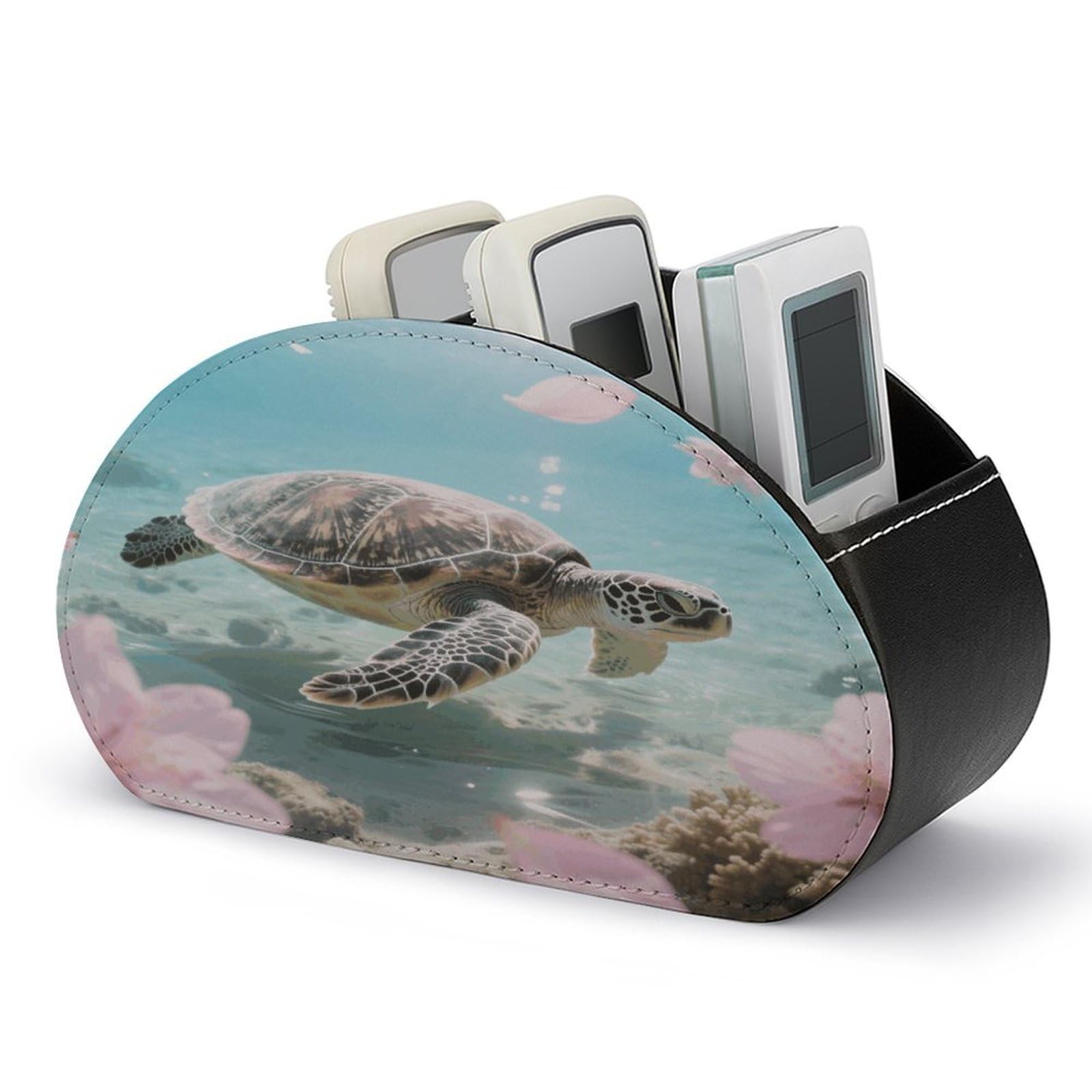 VstaDank - Sea Turtle Remote Control Holder Cherry Blossom Pattern PU Leather Multifunctional Office Organizer Makeup Brush Holder Desk with 5