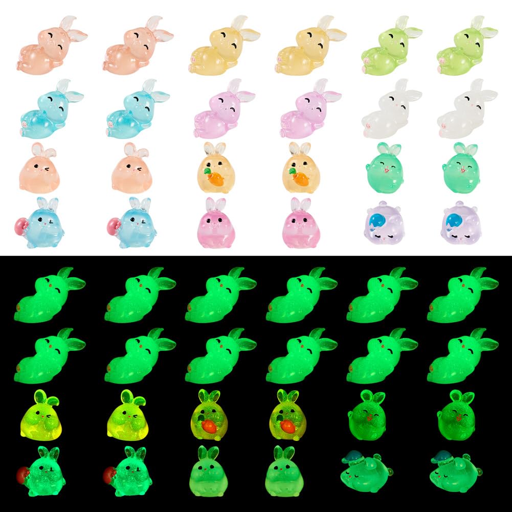 Boutigem 24 Pcs Luminous Mini Resin Rabbit Figurines Glow in the Dark Easter Bunny Charms Cute Miniature Animals Figurine Ornament for Dollhouse Fairy Garden Table Decor Micro Aquarium DIY Crafts