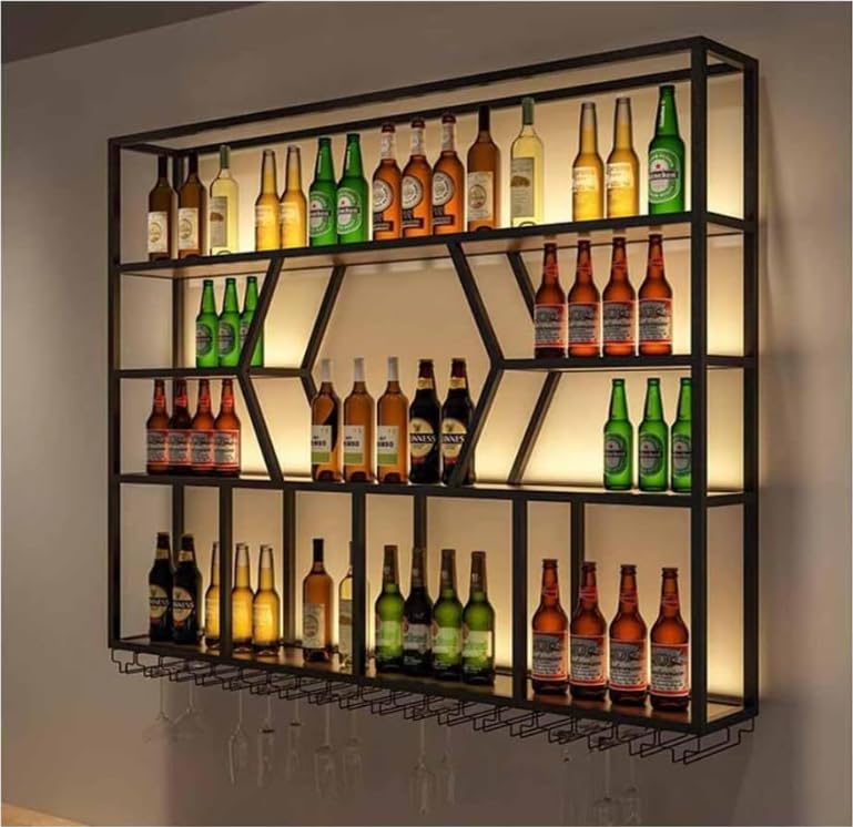 Botellero LED montado en la pared para botellas y vidrio, estantes flotantes de metal, copa colgante para el hogar, restaurante, bares (tamaño: 120 x 20 x 125 cm, color: negro-a)