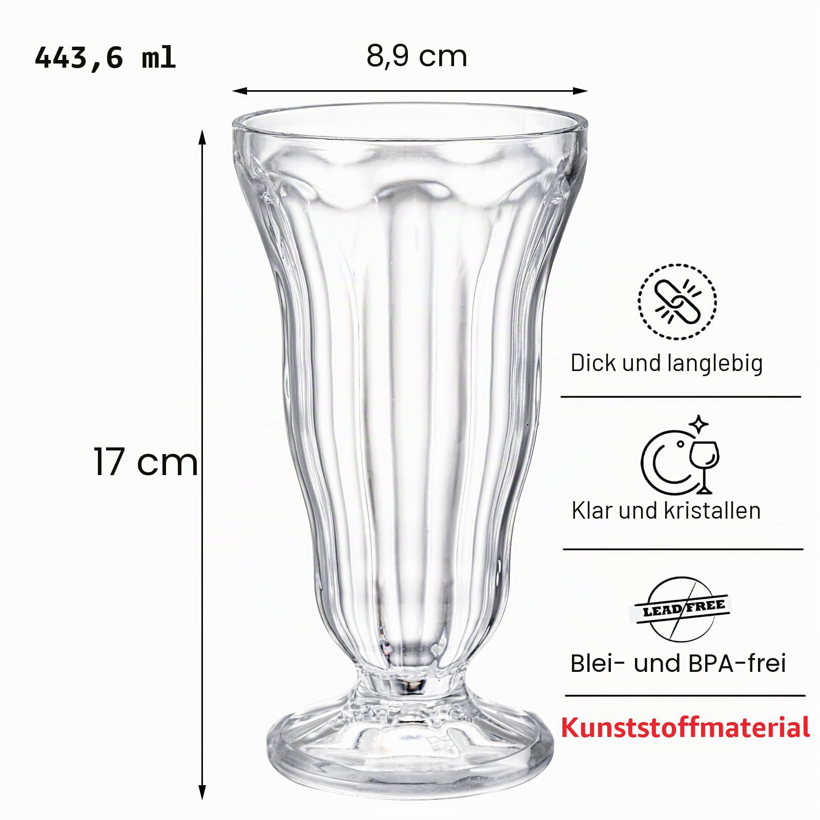 Acryl-Milchshake-Gläser, 425 ml, altmodisches Soda-Glas, bruchsichere Eisbecher mit Fuß, klare Pina Colada-Brunnen-Gläser, ideal für Saft, tropische Getränke, Party, 6 Stück