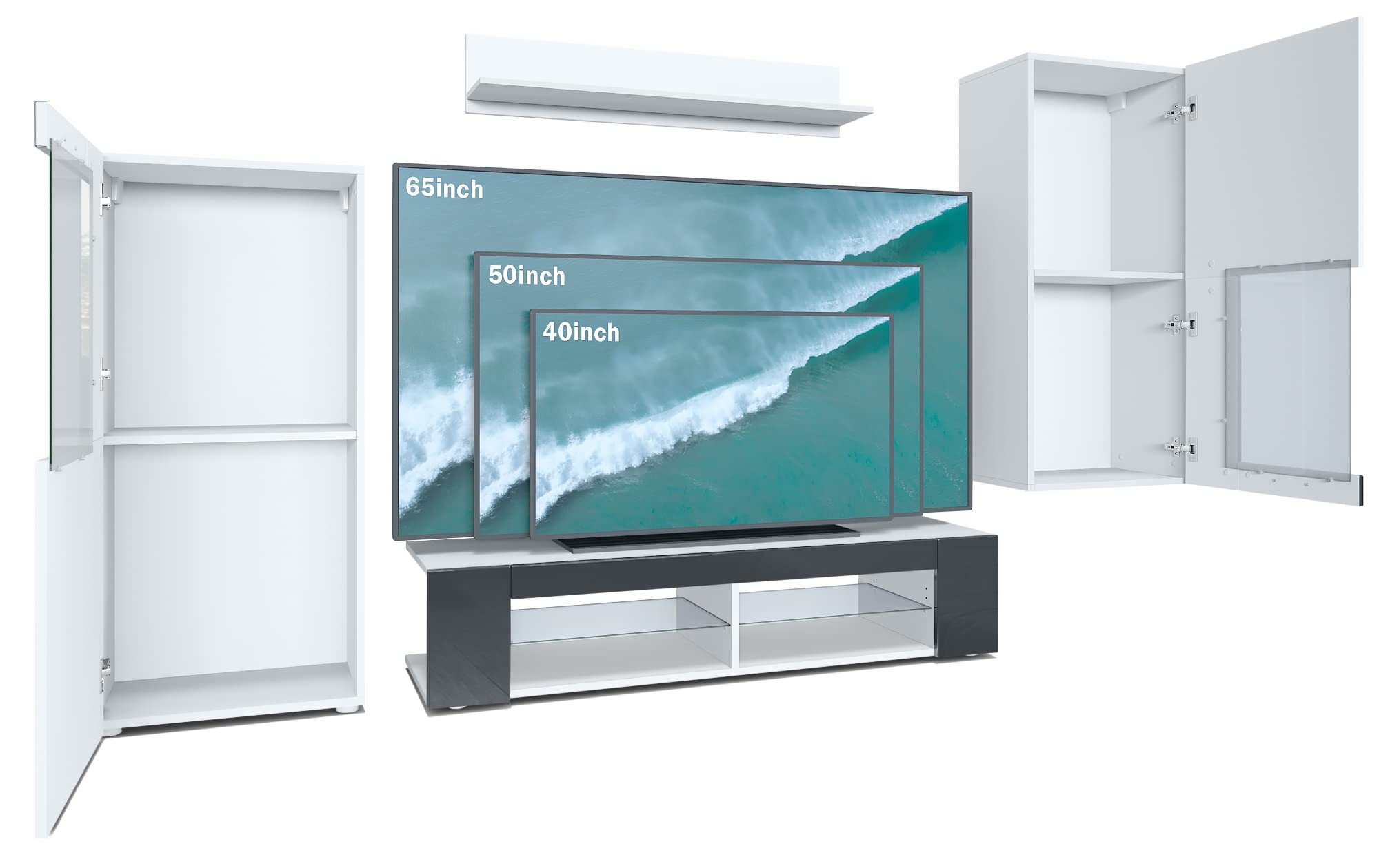 Vladon Wohnwand Movie, Anbauwand bestehend aus 1 TV-Board, 2 Vitrinen und 1 Regal, Weiß matt/Weiß matt/Avola-Anthrazit (Gesamt: 300 x 190 x 39 cm)