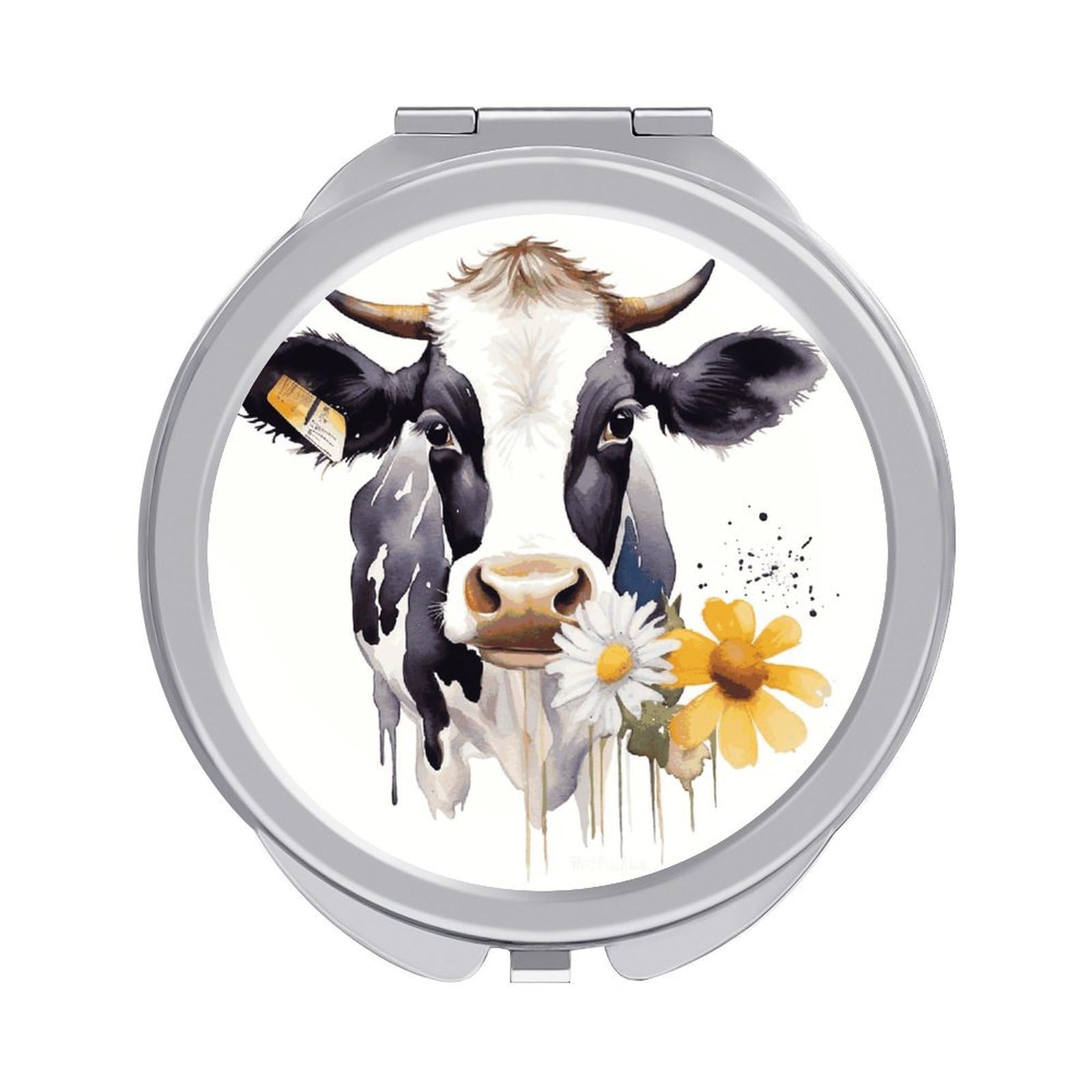 VstaDank Watercolor Cow and Daisy Flower Compact Mirror for Purses Round Fashion Travel Makeup Mirror 2X /1x Magnifying Double Sides Mini Mirrors Portable Pocket Mirrors for Handbag Purse Women Gift
