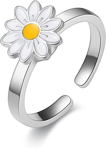 Caiyao Anillo para aliviar la ansiedad, margarita, girasol, flor de mal de ojo, circonita con cuentas abiertas y ajustables, apilables, para mujer,