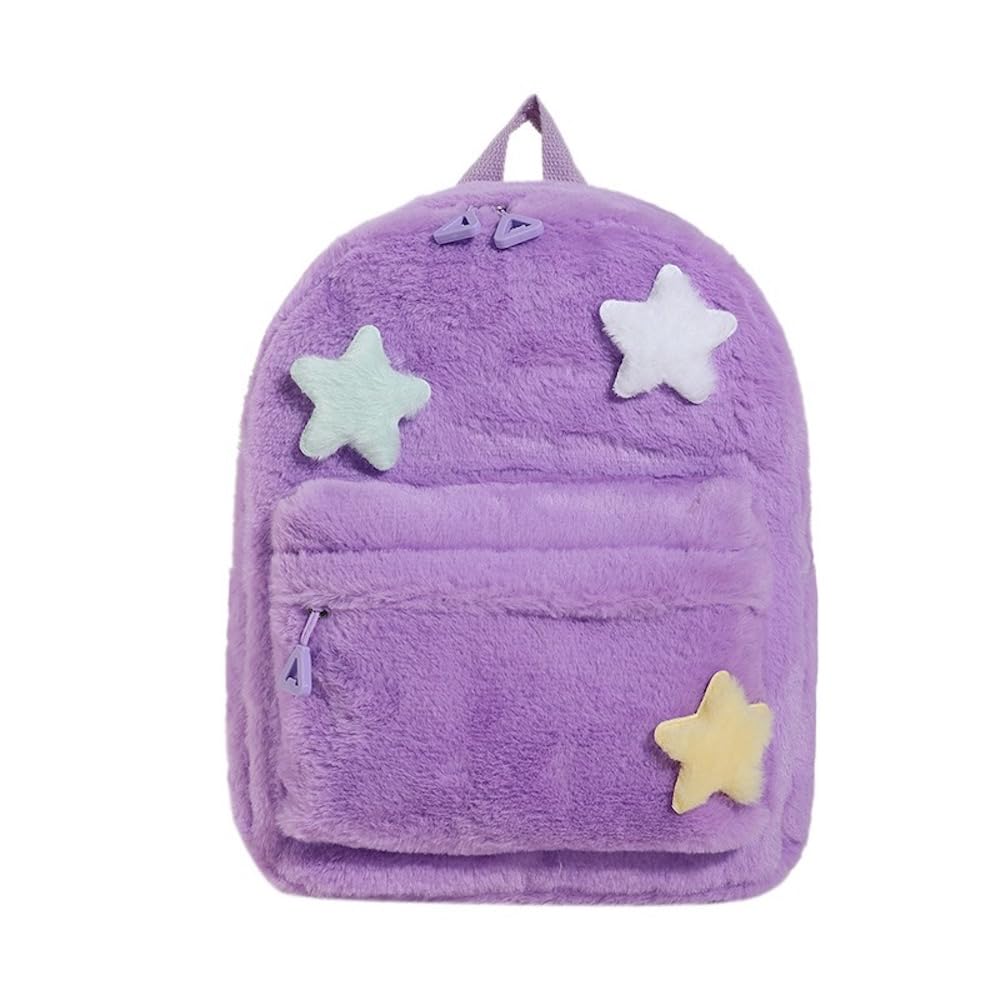 JHTPSLR Small Fuzzy Backpack Plush Stars Patches Y2K Fluffy Backpack Mini Furry Backpack Cute Aesthetic Solid Faux Fur Backpacks (Y2K Purple)