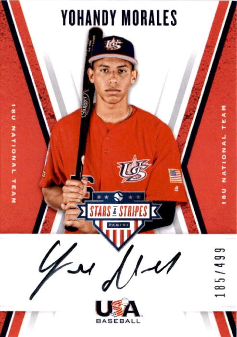 2019 Panini Stars and Stripes 18U National Team Signatures Black Ink #47 Yohandy Morales Auto Autograph SER/499 Official USA Baseball Trading Card in Raw (NM or Better) Condition