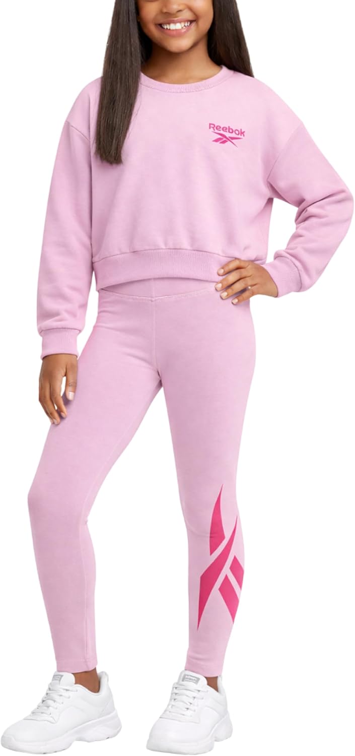 Reebok Girls Pants Set - 2 Piece Lightweight Long Sleeve Shirt and Girls Leggings Outfit - Breathable Athletic Outfits