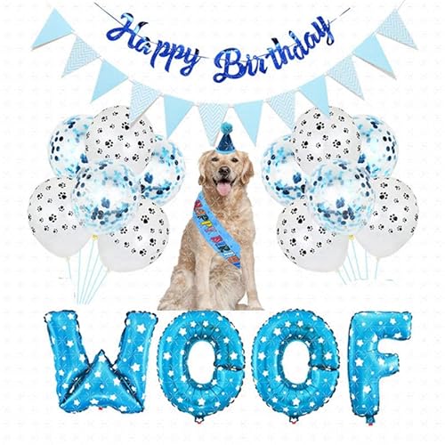 Decoraciones para fiestas de cumpleaños para perros, bandana para gatos, suministros de pancarta de feliz cumpleaños, bufanda para disfraz, globos con estampado de patas, color azul Cover