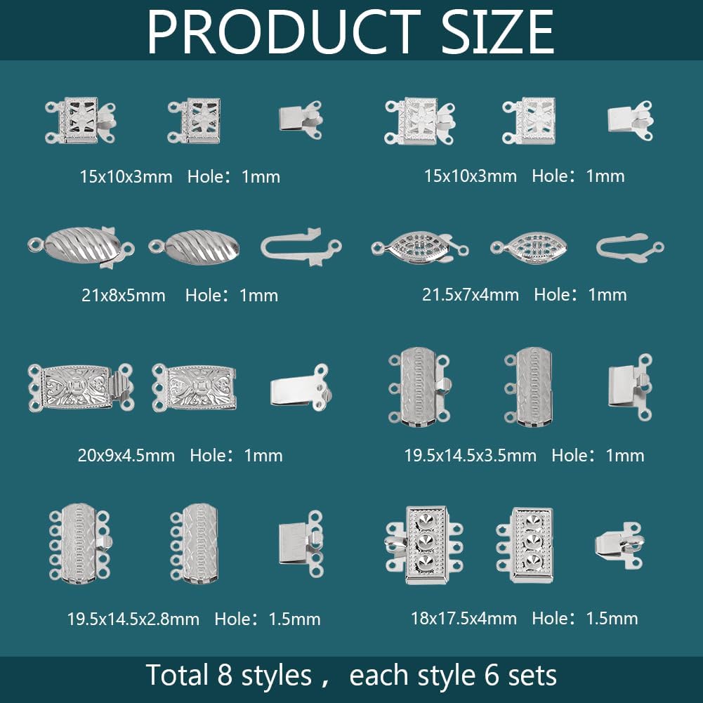 PH PandaHall 48 Sets 304 Stainless Steel Box Clasps 8 Styles Bracelet Connectors Multi-Strand Box Clasps for Layered Jewelry Making - Image 2