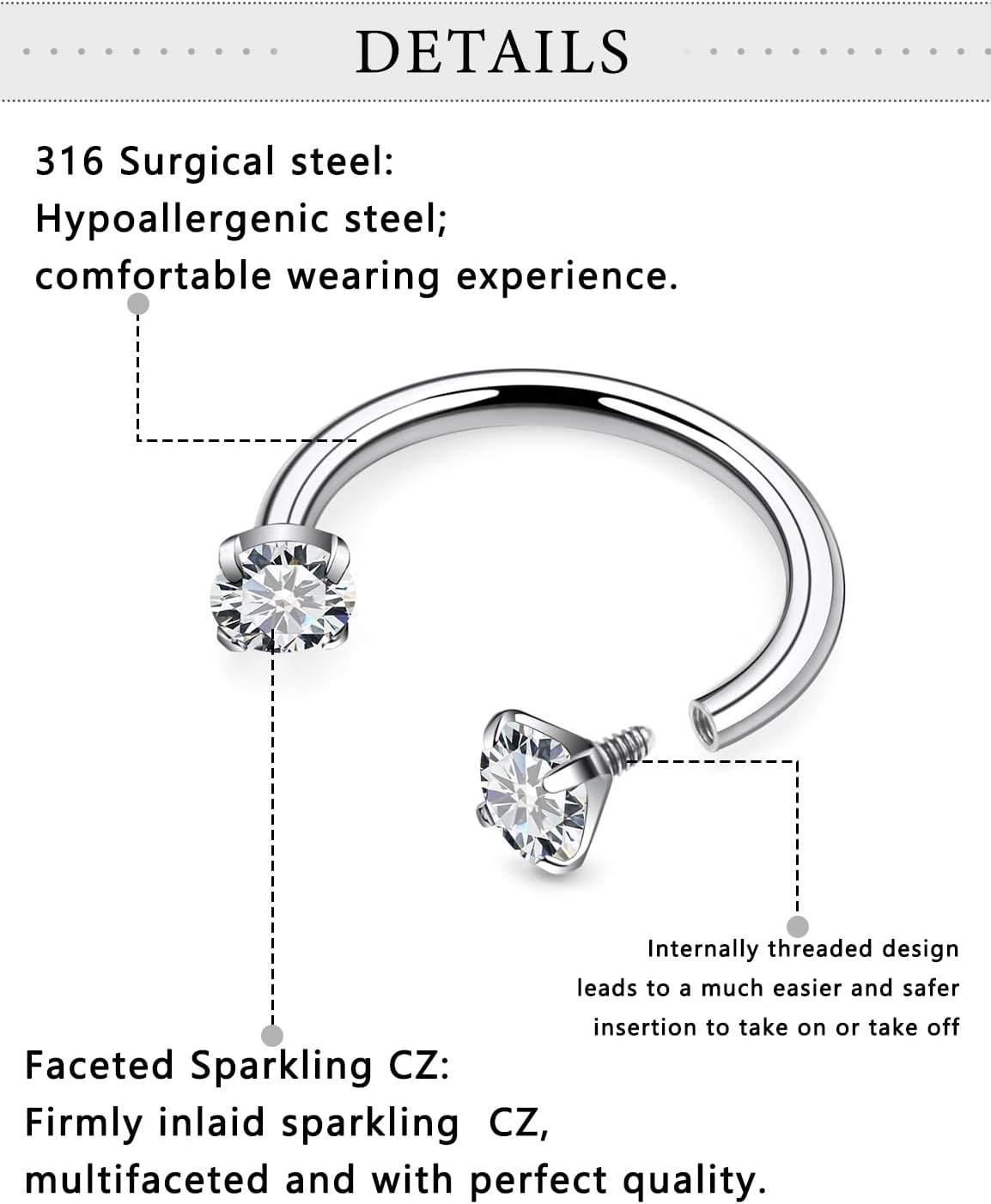 16G Horseshoe Septum Rings Surgical Steel Septum Piercing Jewelry Internally Threaded Helix Tragus Daith Earring Hoop Eyebrow Smiley Lip Rings for Women Men 8mm 10mm 12mm - Image 3