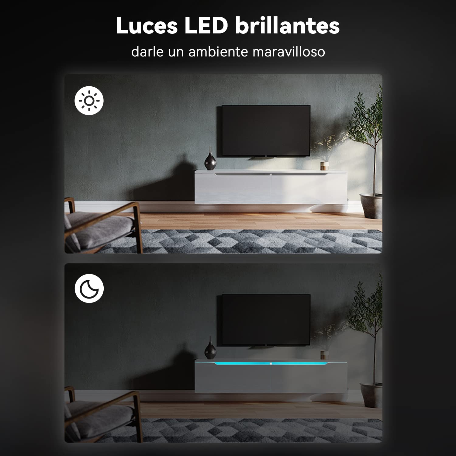 SONNI Mueble TV Suspendido Blanco Brillo con Luces 12 Colores,Mueble de Salón con LED Madera 2 Puertas Abatibles 140 cm