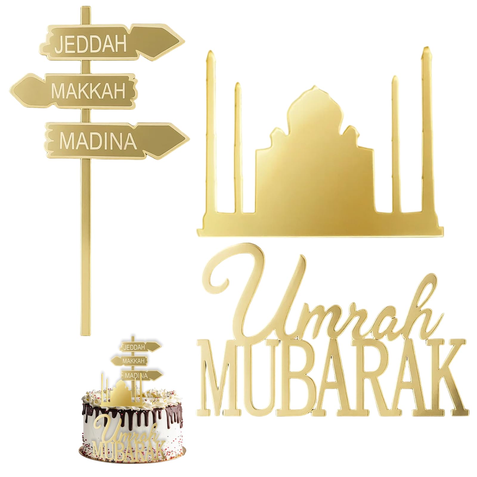 3 Pcs Umrah Mubarak Cake Topper, Gold Acrylic Umrah Mubarak Decorations for Dessert, Elegant Design Cake Toppers for Baked Goods Religious Celebrations Wedding Decorations