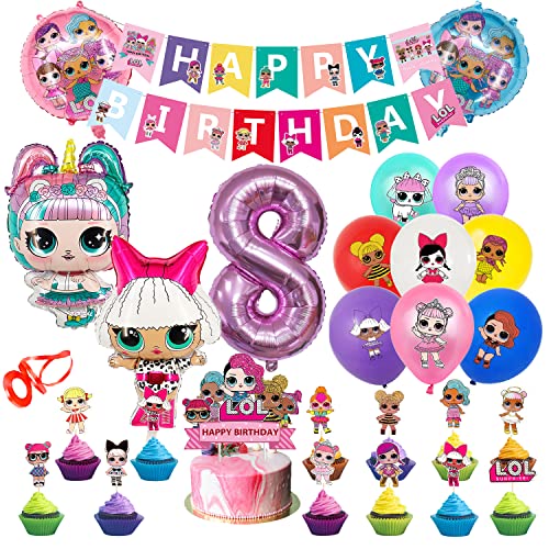 Lol Geburtstag Deko 8 Jahre 48 Stück, Lol überraschung Luftballon 8.Geburtstag, Lol Surprise Puppen Folienballon 8, Lol Ballon Latex, Cake Topper Happy Birthday Girlande Banner Jungen Mädchen Party Cover
