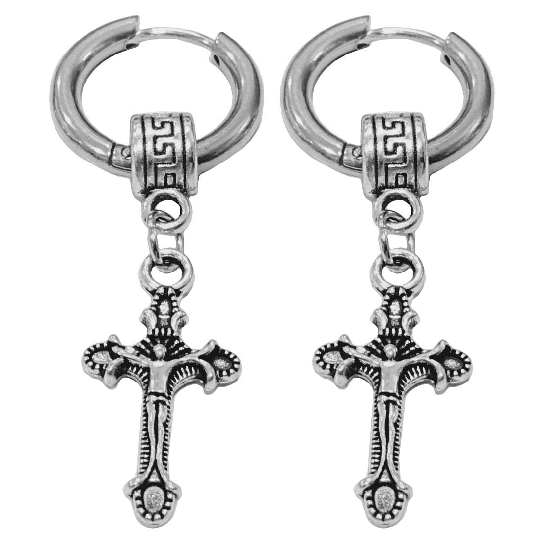 SulleryJesus Cross Charm Drop Huggie Earring Black Stainless Steel Hoop Earring for Men and Women