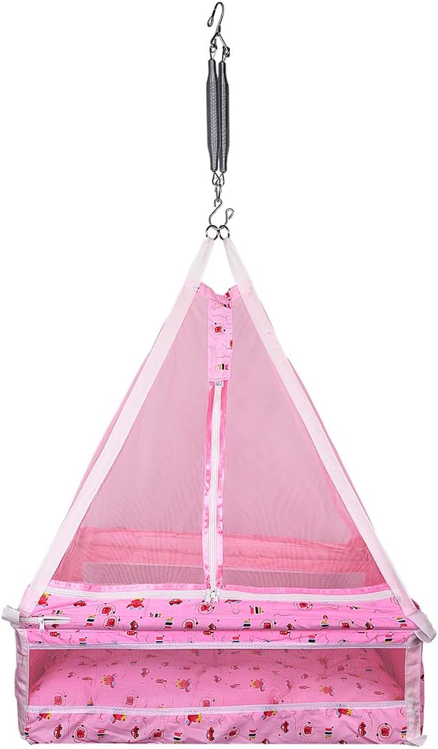 132 Baby's Hanging Swing Cradle with Bedding Set, Mosquito Net and Spring | Easy to Fix & Strong || 0-12 Months | (Pink)