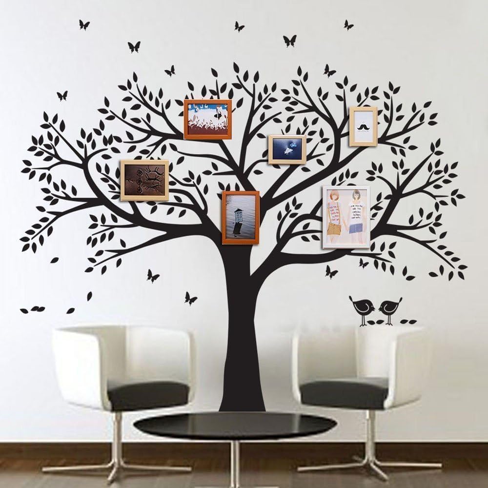 Giant Family Photo Frame Tree Wall Decals Family Tree Decal Living Room Home Decor (108" Wide x 84" Tall) (Black)