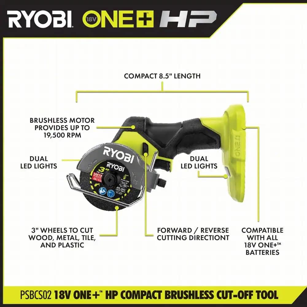 RYOBI ONEAND HP 18V BRUSHLESS Cordless Compact Cut-Off Tool KIT with 1.5 AH Battery and 1