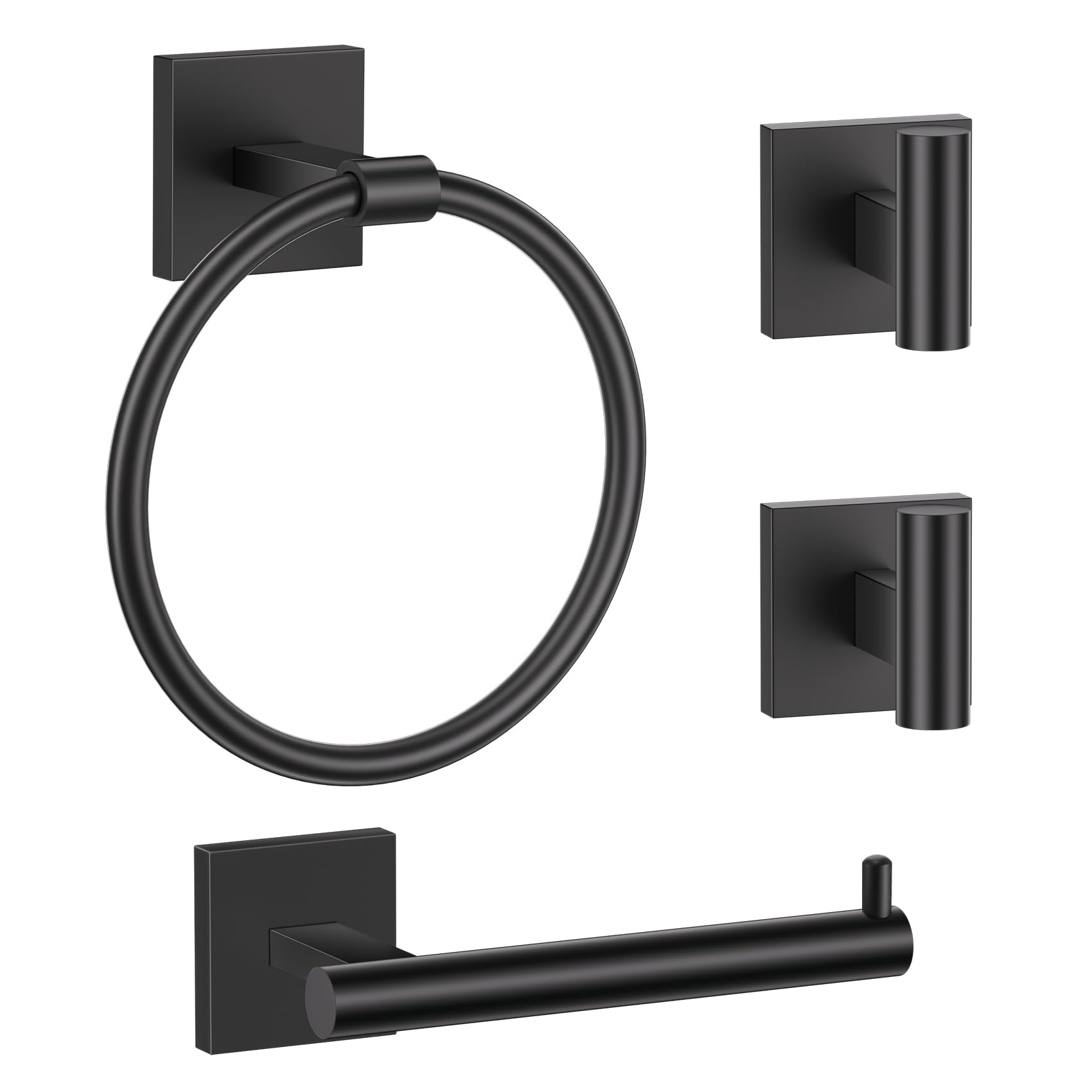 Towel Ring Set 4 Piece Bathroom Hardware Set Includes Towel Ring 2 Towel Hooks and Toilet Paper Holder Stainless Steel Wall Mounted (Matte Black)