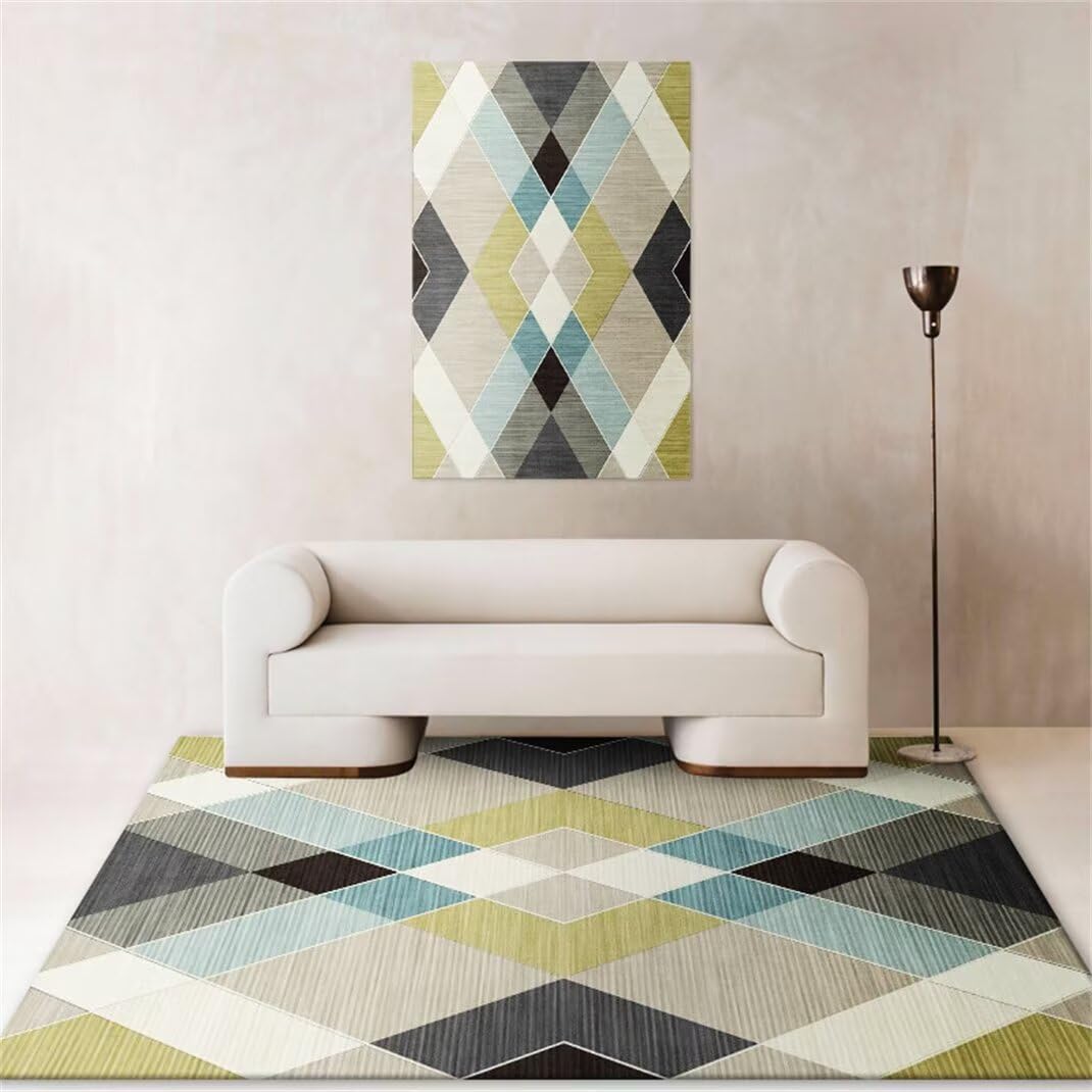 Tapis rectangle bleu 200x250cm géométrique lavable pour grand salon
