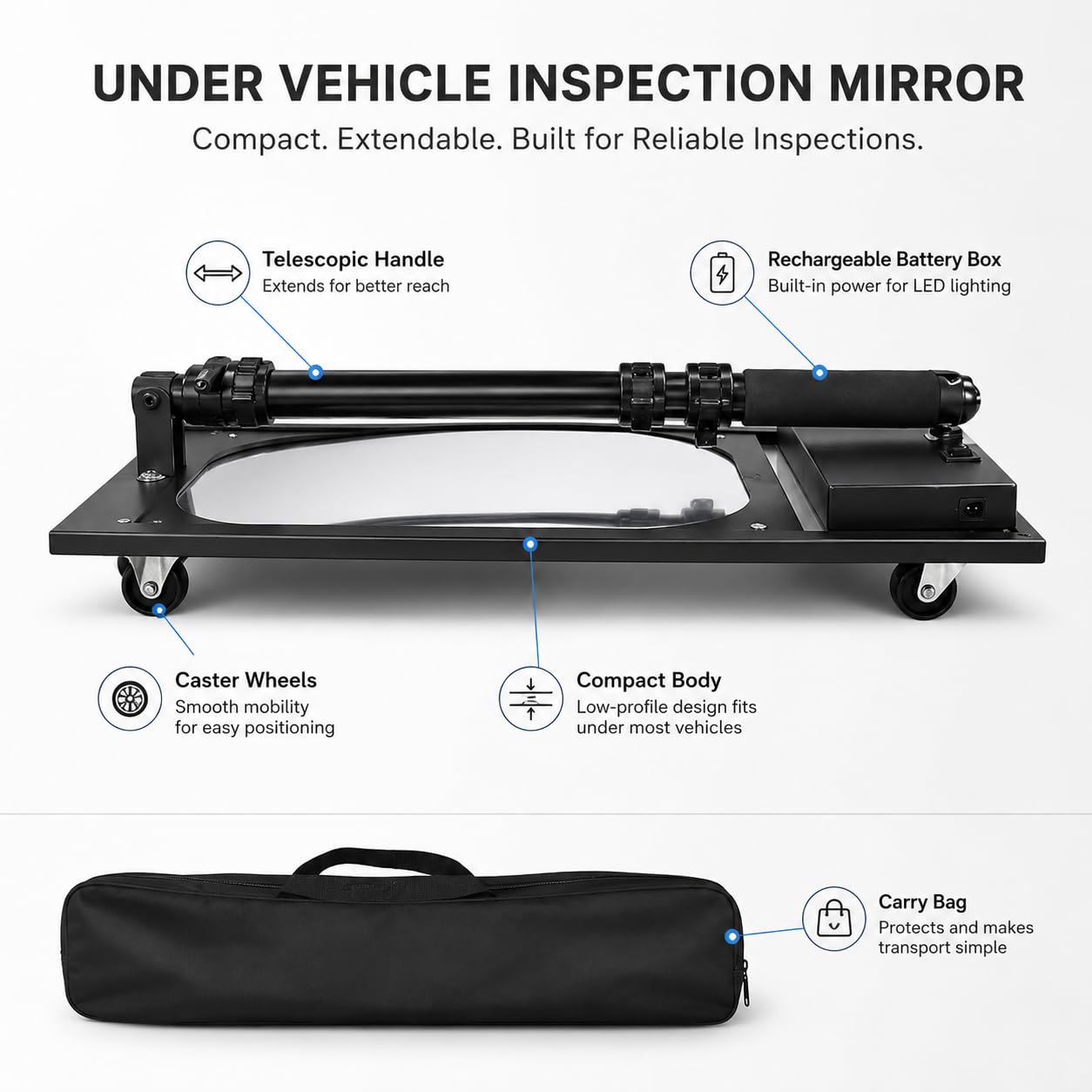 Miroir d'inspection sous véhicule avec lumière, 30 x 30 cm, poignée télescopique et roue universelle pour voiture et camion, parfait pour une utilisation professionnelle