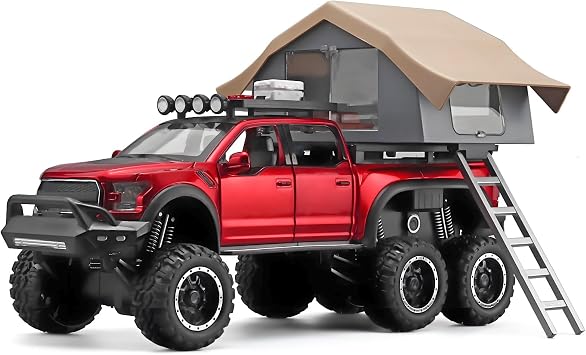 OANMYJJO Toy Trucks for Boys Age 4-7,Trucks for Kids F150 Diecast Truck,Model F150 Pickup Truck with Sightseeing Cabin,Pull Back Cars with Light and Sound,Trucks for Kids Ages 4-8Red