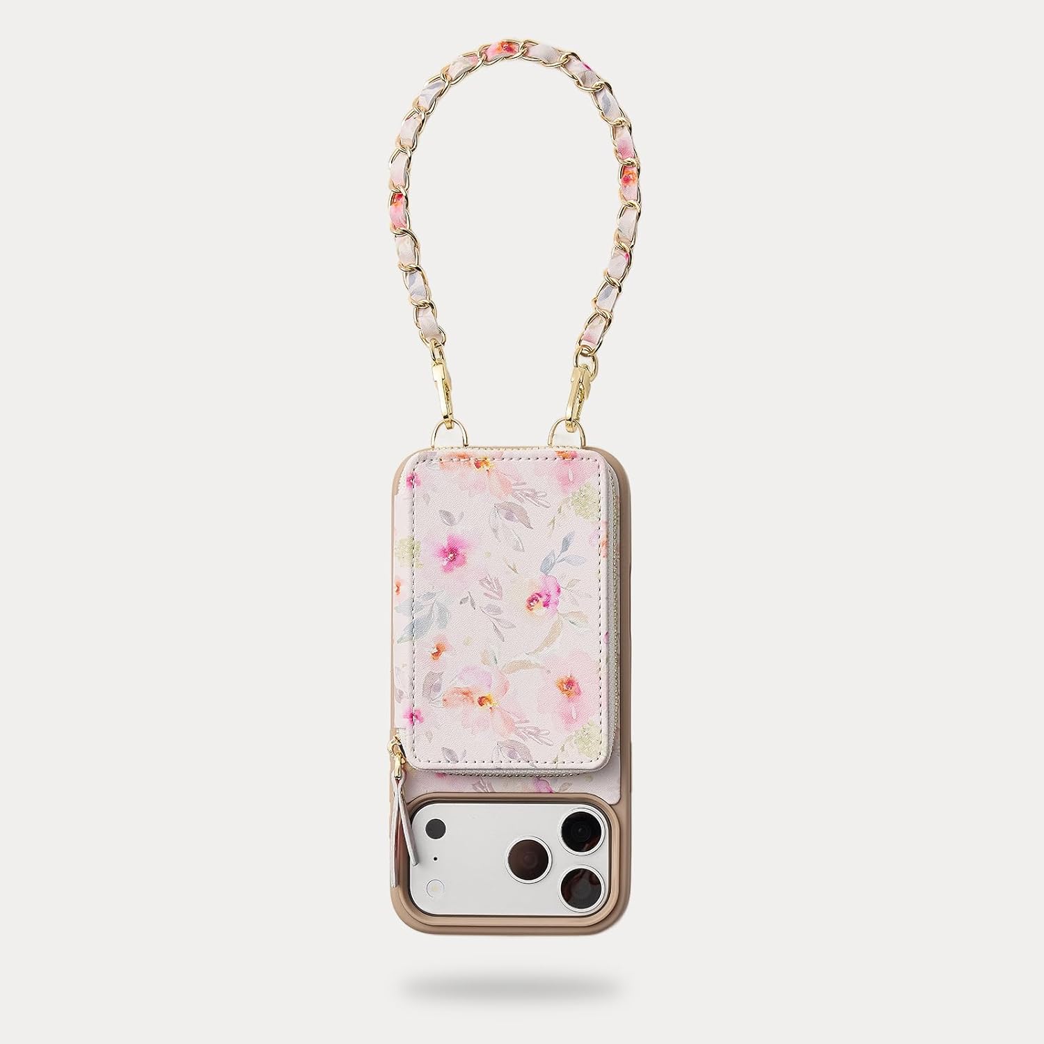 ZVE for iPhone 17 Pro Max Wallet Case Crossbody, Zipper Phone Cover with Chain Wrist Strap RFID Blocking for 6.9" Flower