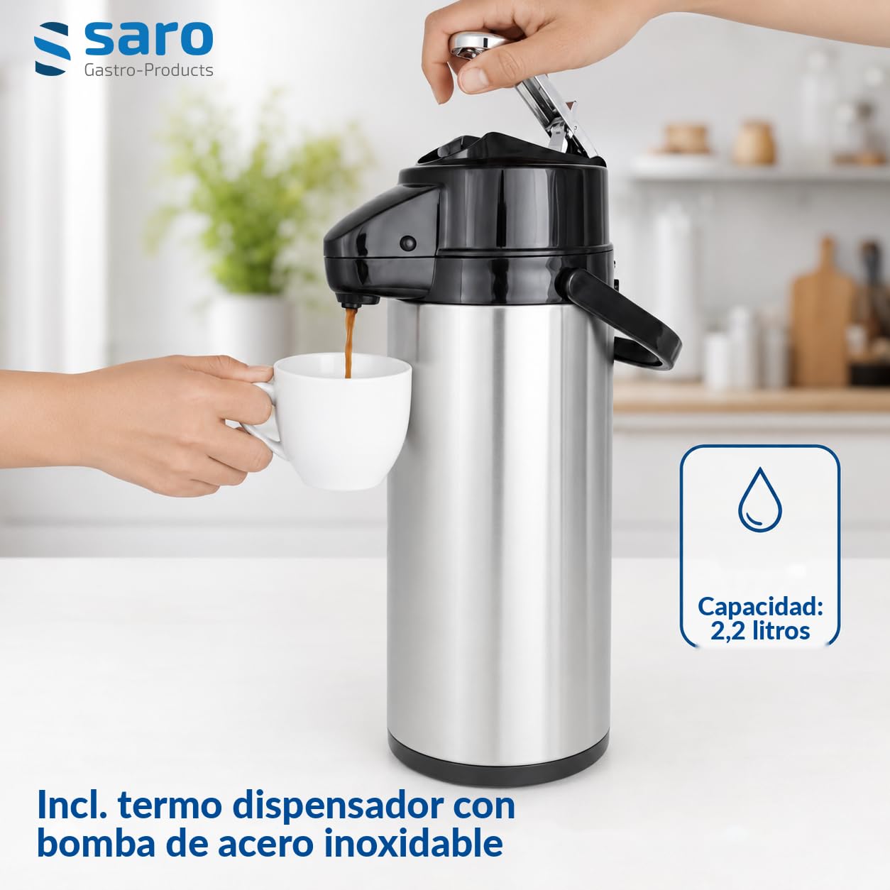 SARO THERMO 24 Cafetera con termo con bomba de acero inoxidable, 2,2 l, infusión en aprox. 5-6 min, protección de funcionamiento en seco, 2,069 kW