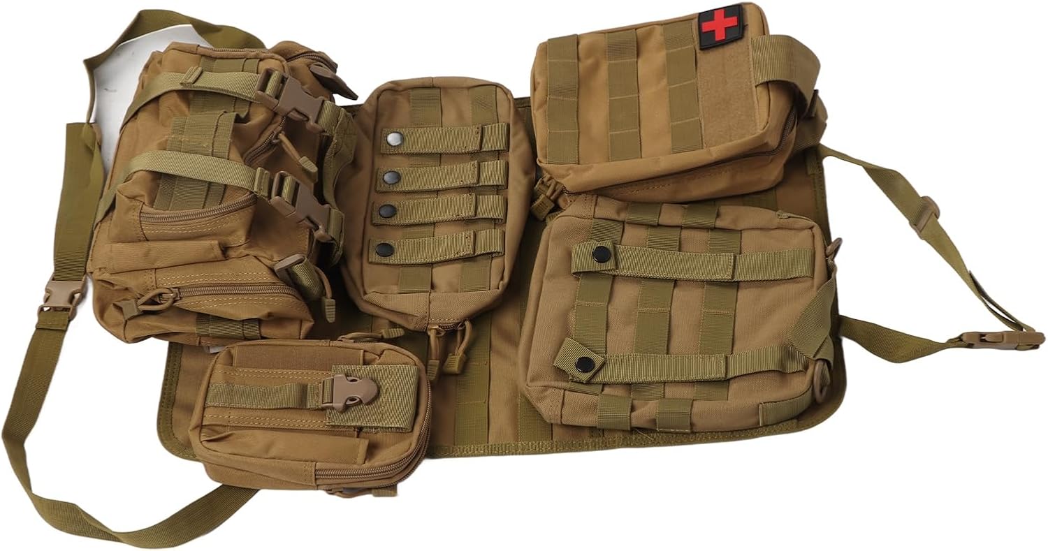 Molle Seat Back Pouch Car Molle Organizer with 5 Bags for Personal Item Storage, Fabric Material, Waist Bag Included (Khaki)