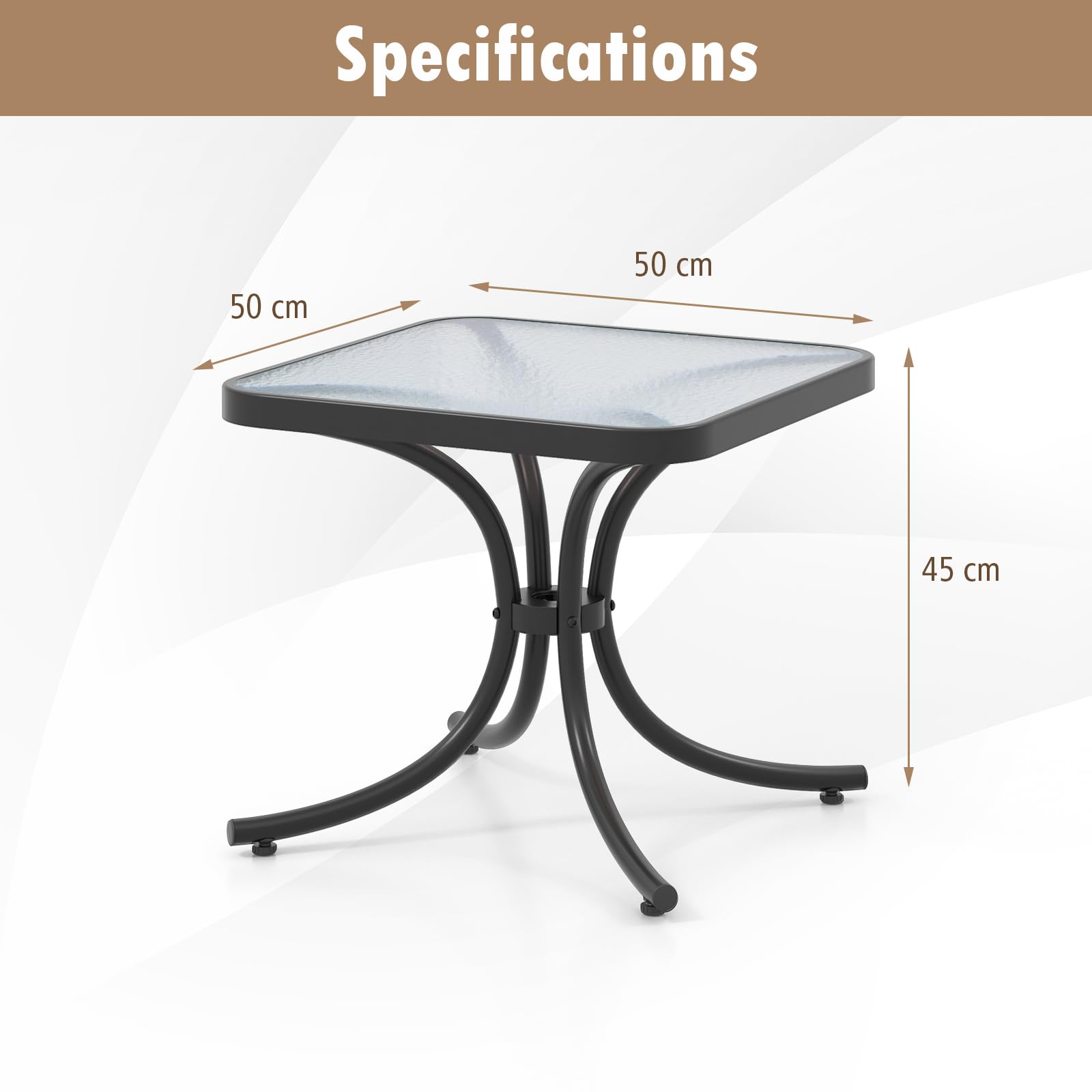 GIANTEX Tavolino da Giardino 50 cm, Tavolino Quadrato con Piano in Vetro Temperato, Struttura Metallica Resistente, Tavolino da Caffè da Esterno per Giardino, Balcone, Piscina, Nero
