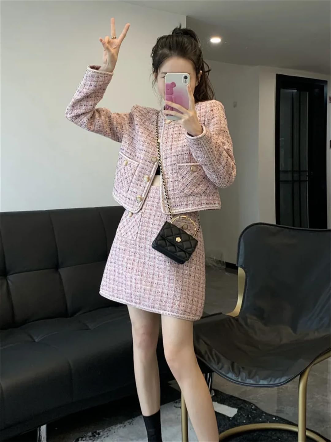 Women Crop Top Woolen Short Jacket Coat Mini Skirts Sets Pink Two Piece Suits