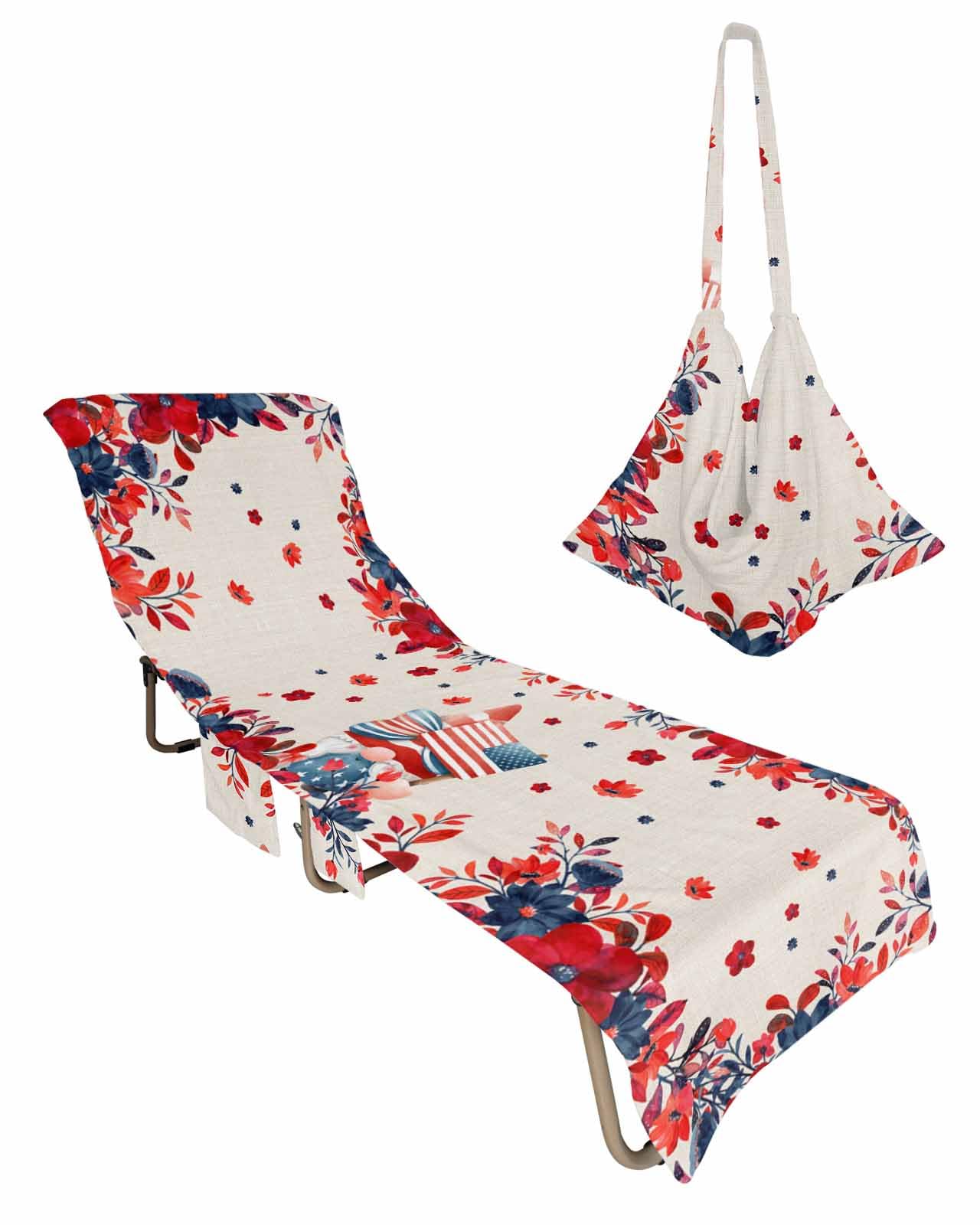 Independence Day Beach Chair Towel Covers for Chaise Lounge with Side Pocket, Soft Plush Pool Towels Cover for Patio Sunbathing Outdoor 29''x85'' Rustic Red Botanical Flower Gnomes