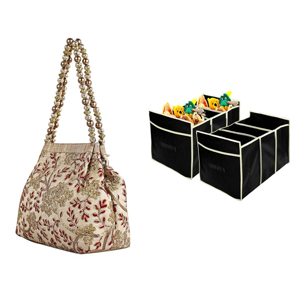 Polyester Embroidered Woman Pouch Potli Bag, Cream - CTKTC31395 + Collapsible Portable Heavy Duty Cargo Trunk Organizer with 3 Compartments (Black)-image-19