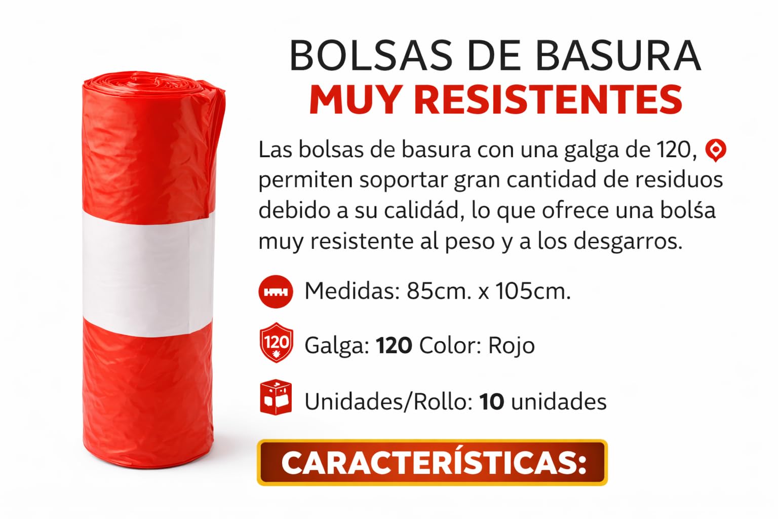 Bolsas de Basura Extra Resistentes Galga 120 – 85 x 105 cm – Color Rojo – Alta Capacidad y Antidesgarro – 50 Rollos de 10 Bolsas – Uso Profesional y Doméstico
