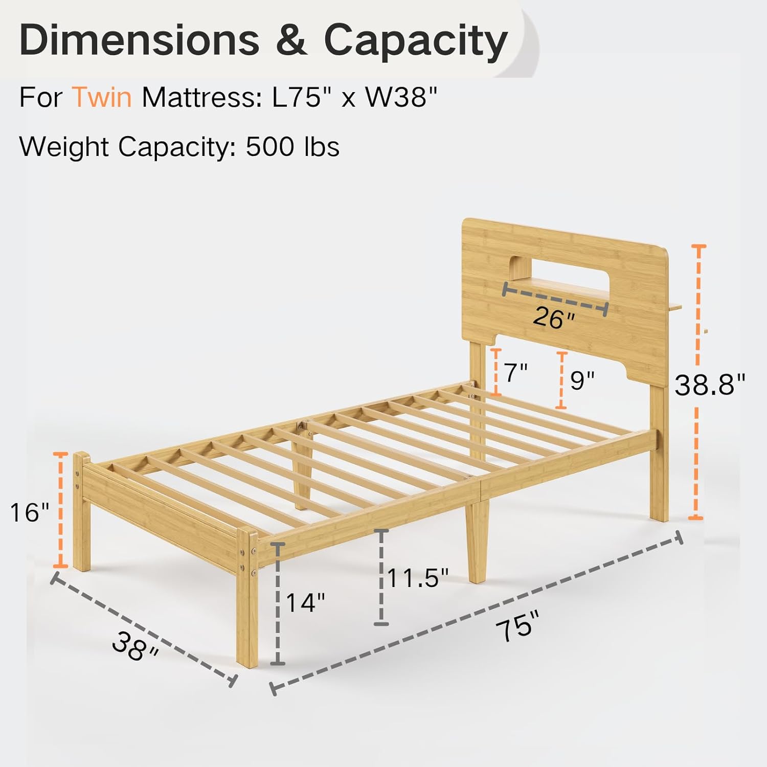 COMASACH 14 Inch High Bamboo Wood Twin Bed Frame with Storage Headboard, Solid Twin Platform Bed Frame, Metal Slats Support, Heavy Duty, No Box Spring Needed
