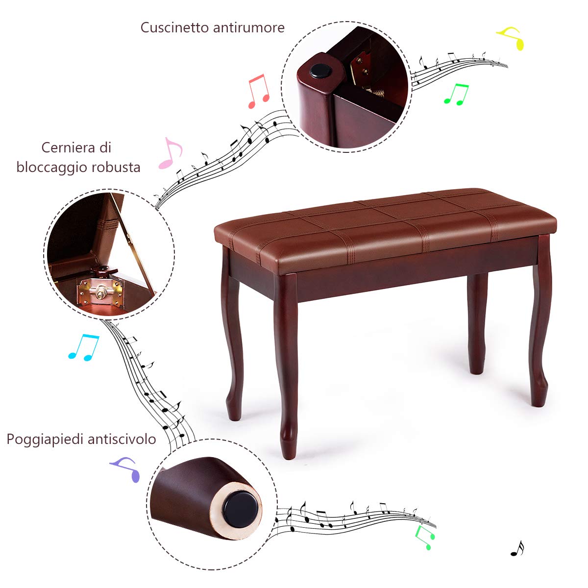 COSTWAY Panca per Piano Sgabello Panca Pianoforte, Cuscino Imbottito, con Scomparto di Immagazzinaggio, Costruzione in Legno Massiccio Rigido (Marrone)