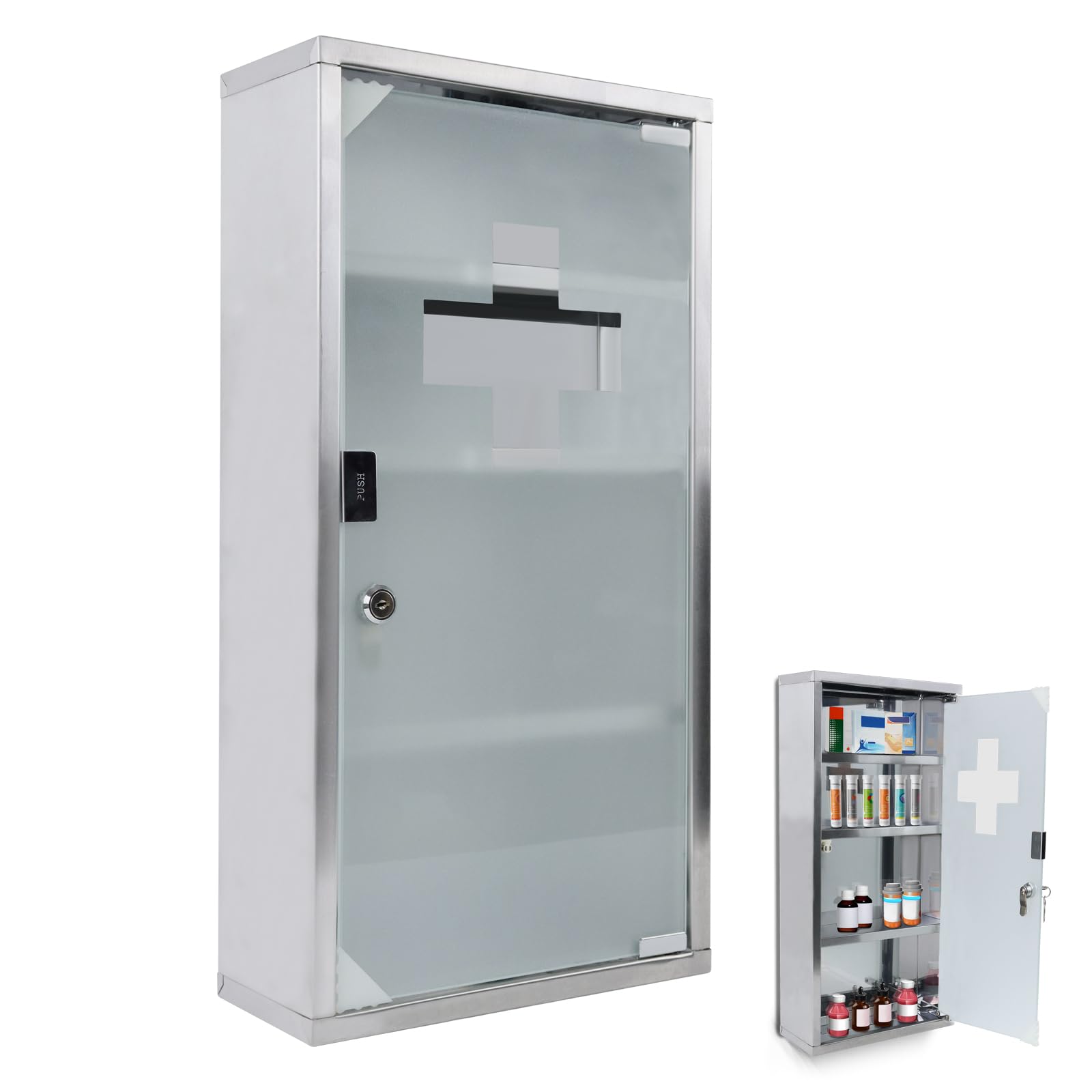 LZQ Armoire à pharmacie verrouillable en acier inoxydable à 4 compartiments avec porte en verre et 2 clés (L 30 x l 12 x H 57,5 cm)