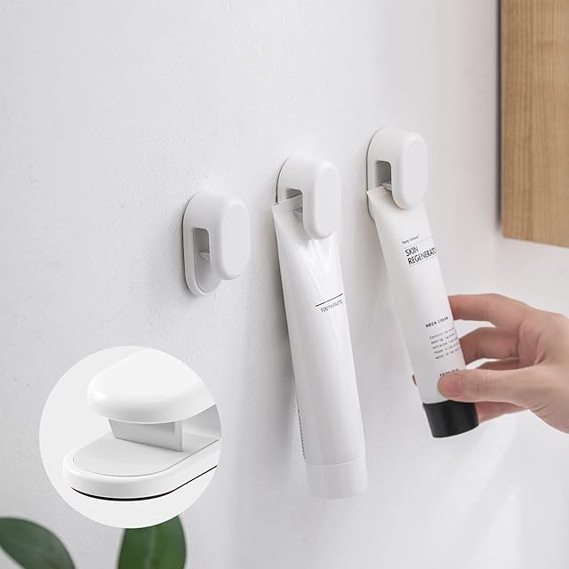 CORNERIA Toothpaste Holder Paste Clips - Internal Non-Slip Rubber Clip - Self Adhesive Hanging Multifunction Stand - for Bathroom Toothpaste Facial Cleanser Tower (2 Packs)