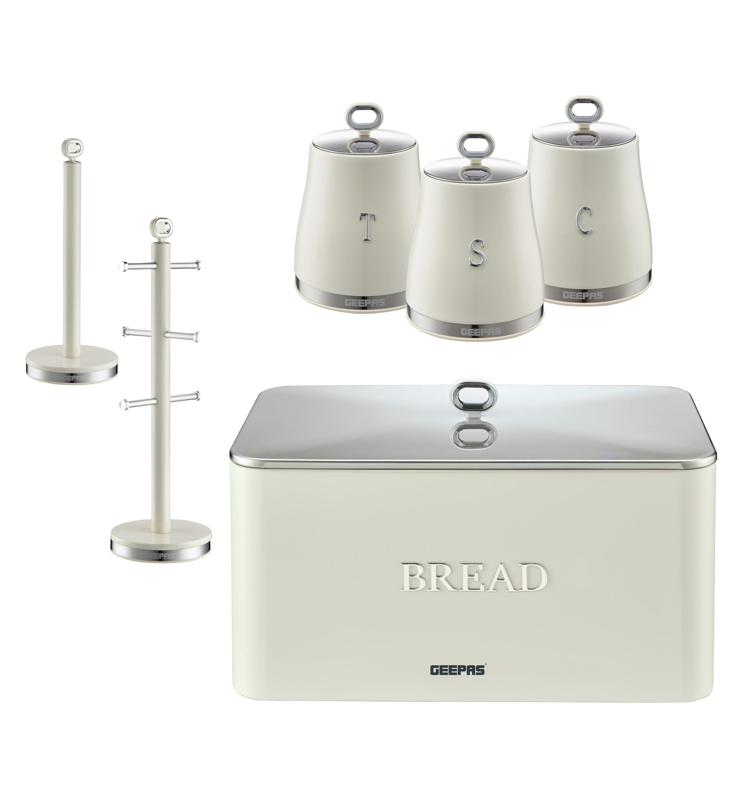 Geepas Cream Retrovive 6 Pc Tea Coffee Sugar Canister, Bread Bin, Mug Tree & Towel Pole Set In